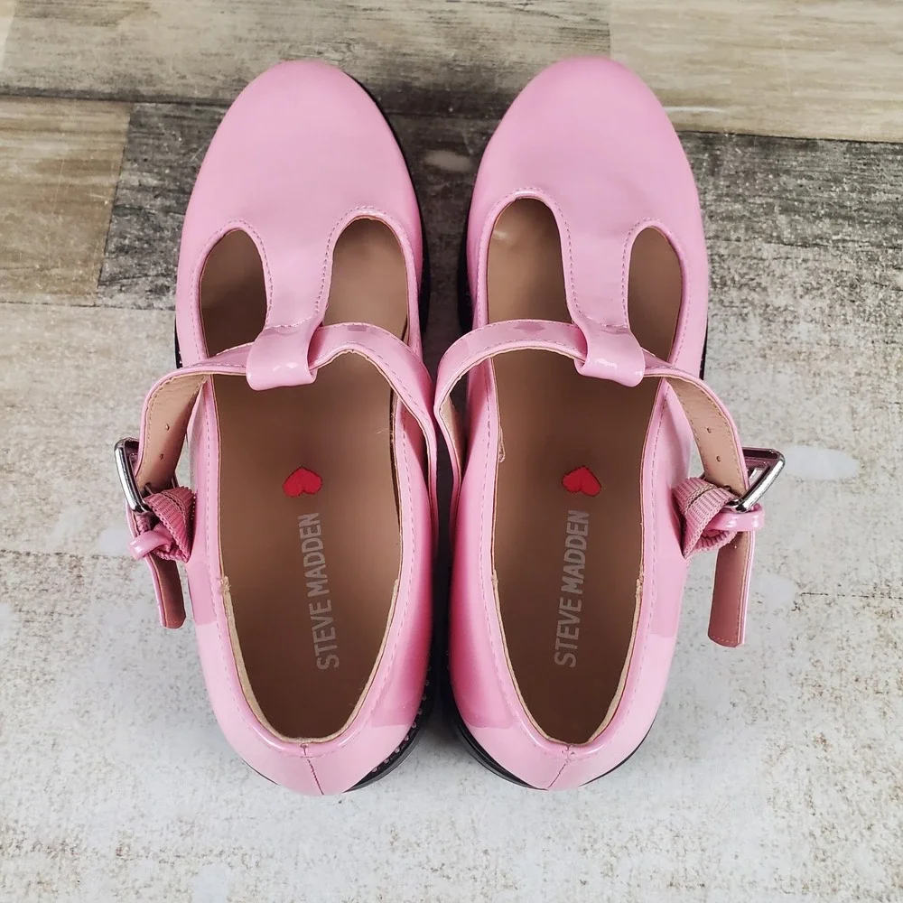Steve Madden Jolie Mary Jane Flat Kids Sz 3 Pink Patent Leather T-Strap Platform